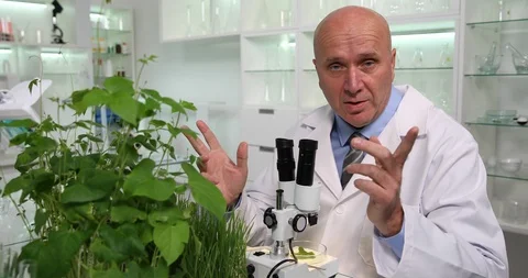 Scientist Using a Microscope Study and Talk About Microbiology in Interview Stock Footage 103257225