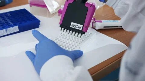 Scientist using a multichannel Pipette to collect samples in a chemistry lab Video stock 168398661