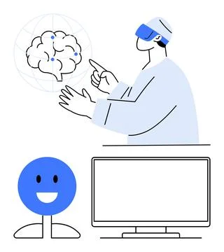 Scientist Using Virtual Reality for Brain Study and Analysis with Computer .. Stock Illustration
