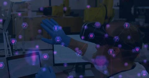 Scientist using VR headset interacting with digital interface in laboratory Stock Illustration