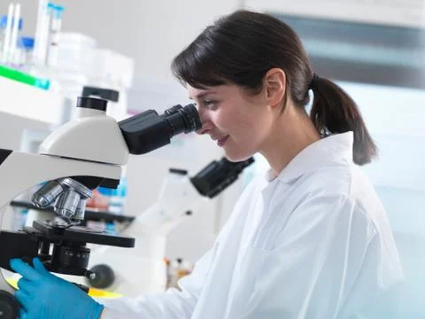 Scientist viewing human tissue sample on microscope in laboratory Stock Photos