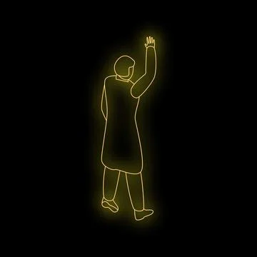 Scientist walking and waving goodbye in yellow neon light Stock Illustration