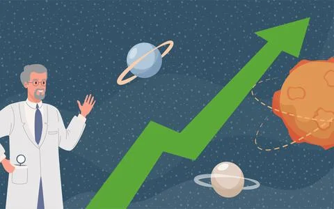 Scientist waving hand vector flat illustration. Space background with planets Stock Illustration