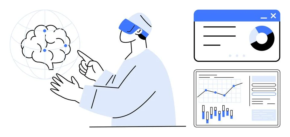Scientist wearing VR headset interacts with graphical digital brain model. Tw Stock Illustration