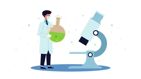 Scientist in white lab coat holding chemical flask next to modern microscope. Vídeo Stock 339067133