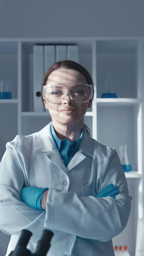 Scientist woman in science lab posing and looking at camera Vertical video Stock Footage 266561903