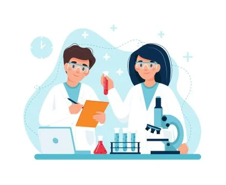 Scientist at work, characters conducting experiments in lab. Vector illustration Stock Illustration