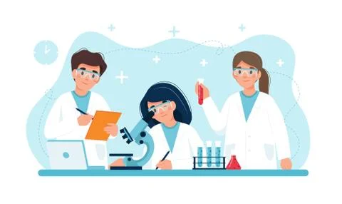 Scientist at work, characters conducting experiments in lab. illustration in Ilustración de archivo