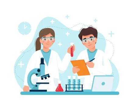 Scientist at work, characters conducting experiments in lab. illustration in Иллюстрация