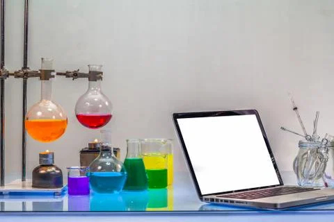 A scientist work on computer in lab with copy space Foto stock