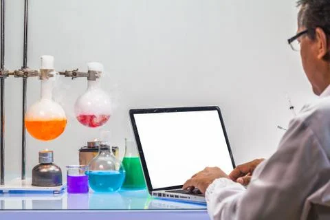 A scientist work on computer in lab with copy space Foto stock