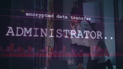 Scientist working on computer servers with encrypted data transfer animation Stock Footage 304860321