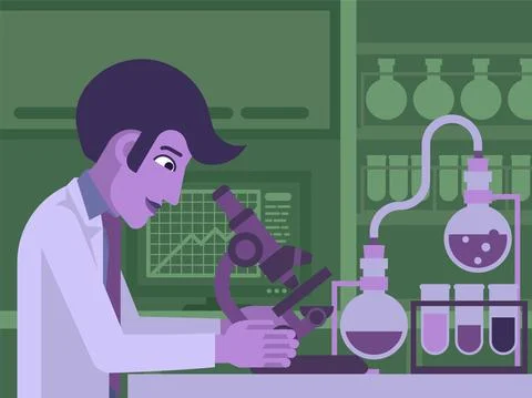 Scientist Working In Laboratory with Microscope Stock Illustration