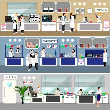 Scientist working in laboratory vector illustration. Science lab interior Stock Illustration