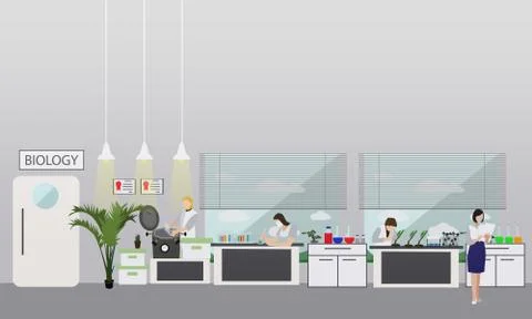 Scientist working in laboratory vector illustration. Science lab interior Stock Illustration