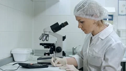 Scientist working with microscope, calculating and taking notes in laboratory Stock Photos