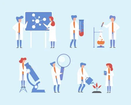 Scientist working, science research vector illustration set, cartoon flat people Stock Illustration