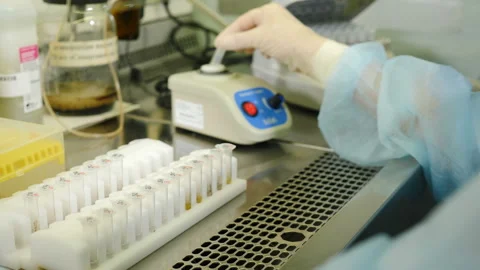 Scientist working in sterile genetics laboratory with pipette in medical Stock Footage 167012107