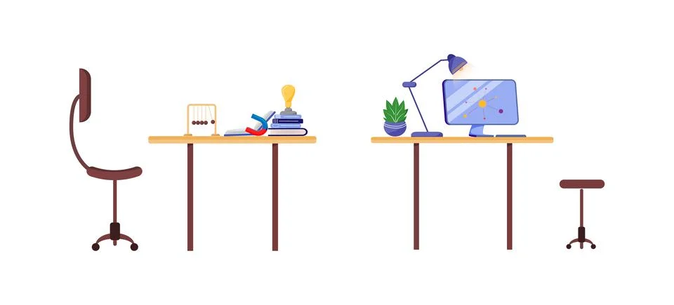 Scientist workplace flat color vector object set Illustrazione stock