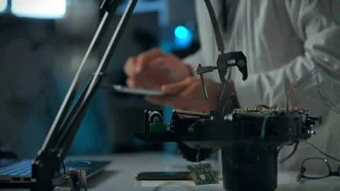 A scientist works on a complex electronic device in a lab setting Stock Footage 289576351