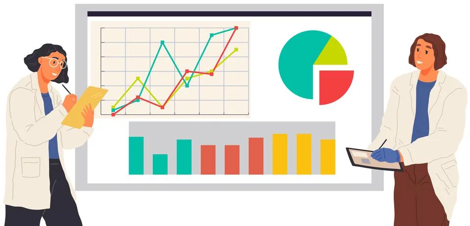 Scientist works with data analytics and research of statistics. Woman with loupe Illustrazione stock