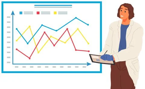Scientist works with data analytics and research of statistics. Woman with loupe Illustrazione stock