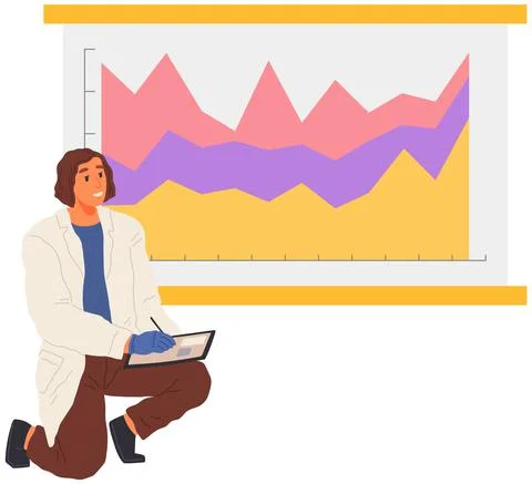 Scientist works with data analytics and research of statistics. Woman with loupe Stock Illustration