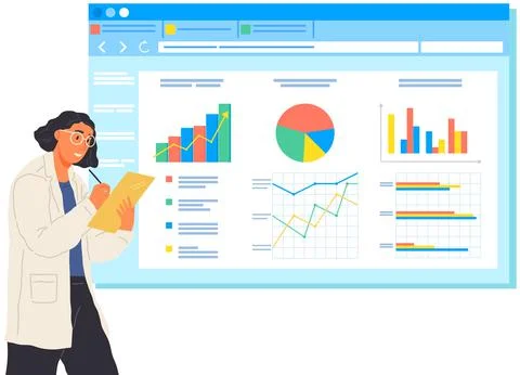 Scientist works with data analytics and research of statistics. Woman with loupe Illustrazione stock