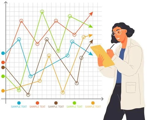 Scientist works with data analytics and research of statistics. Woman with loupe Illustrazione stock