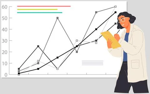 Scientist works with data analytics and research of statistics. Woman with loupe Stock Illustration