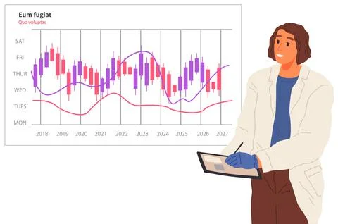 Scientist works with data analytics and research of statistics. Woman with loupe Stock Illustration