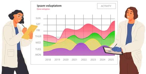 Scientist works with data analytics and research of statistics. Woman with loupe Illustrazione stock