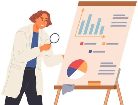 Scientist works with data analytics and research of statistics. Man with loupe Stock Illustration