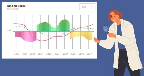 Scientist works with data analytics and research of statistics. Woman with loupe Illustrazione stock