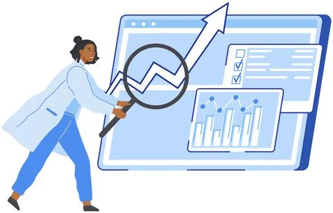 Scientist works with data analytics and research of statistics. Woman with loupe Illustrazione stock