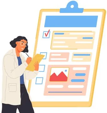 Scientist works with data analytics and research of statistics. Woman with loupe Stock Illustration