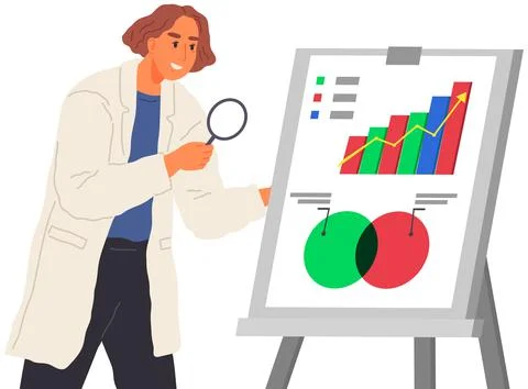 Scientist works with data analytics and research of statistics. Man with loupe Illustrazione stock