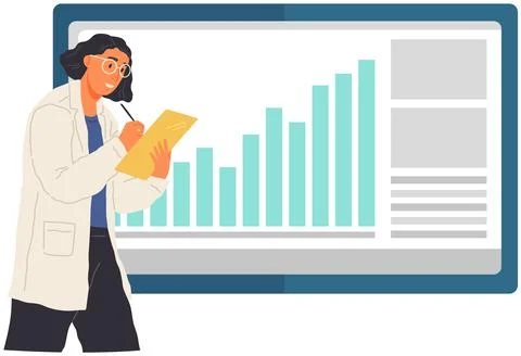 Scientist works with data analytics and research of statistics. Woman with loupe Illustrazione stock