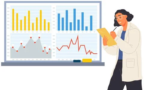 Scientist works with data analytics and research of statistics. Woman with loupe Stock Illustration