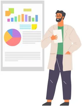 Scientist works with data analytics and research of statistics. Man with loupe Illustrazione stock
