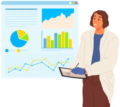 Scientist works with data analytics and research of statistics. Woman with loupe Illustrazione stock
