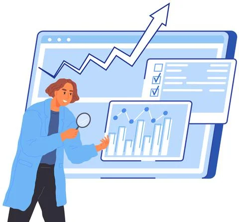 Scientist works with data analytics and research of statistics. Man with loupe Illustrazione stock