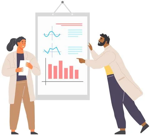 Scientist works with data analytics and research of statistics. Man with loupe Illustrazione stock
