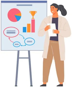 Scientist works with data analytics and research of statistics. Woman with loupe Illustrazione stock