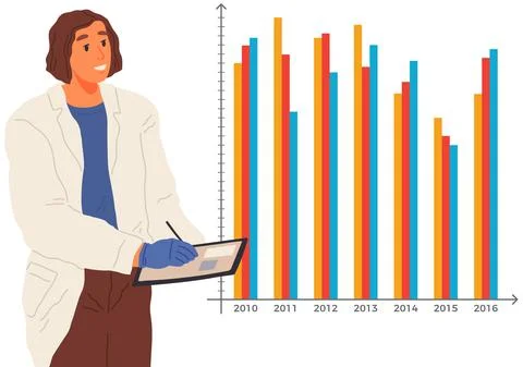 Scientist works with data analytics and research of statistics. Woman with loupe Stock Illustration