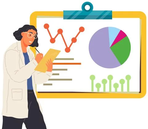 Scientist works with data analytics and research of statistics. Woman with loupe Stock Illustration