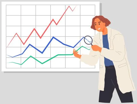 Scientist works with data analytics and research of statistics. Man with loupe Illustrazione stock