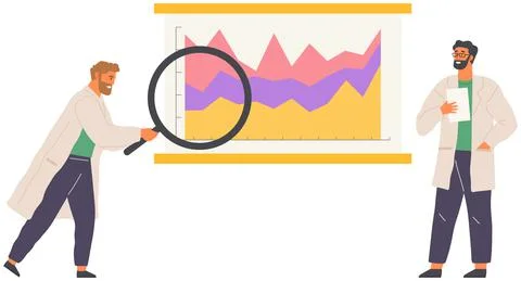 Scientist works with data analytics and research of statistics. Man with loupe Illustrazione stock
