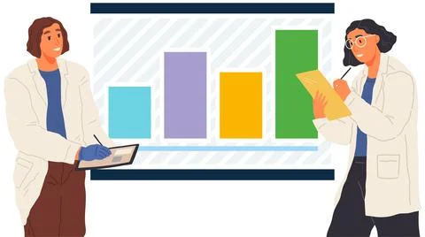 Scientist works with data analytics and research of statistics. Woman with loupe Illustrazione stock