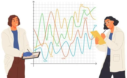 Scientist works with data analytics and research of statistics. Woman with loupe Stock Illustration